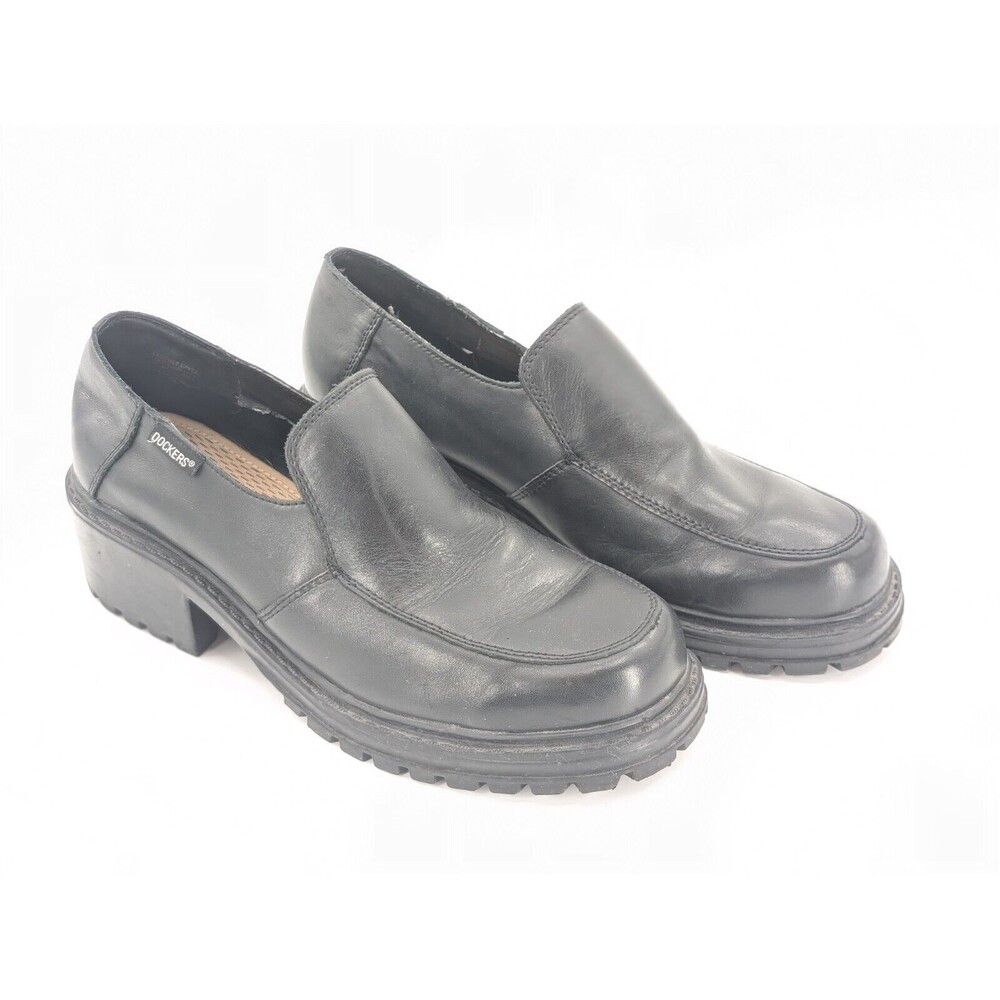 Dockers Leather 90s Black Chunky Slip On Loafers Dark Academia Goth Size 10